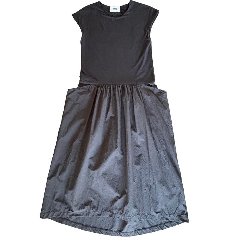 Alpha Studio Black Mixed Media Midi Dress Cotton knit & Taffeta Euro Size = US 8